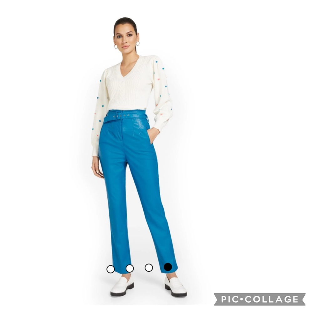 New York & Company Zen Blue Faux Leather Belted Straight Leg Pants M